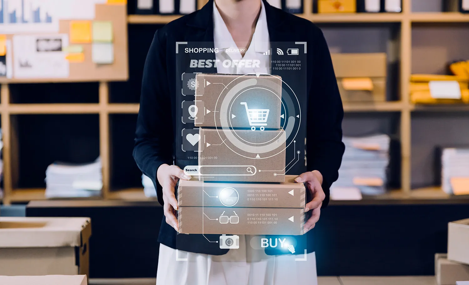 Shopper exploring products in a modern retail environment