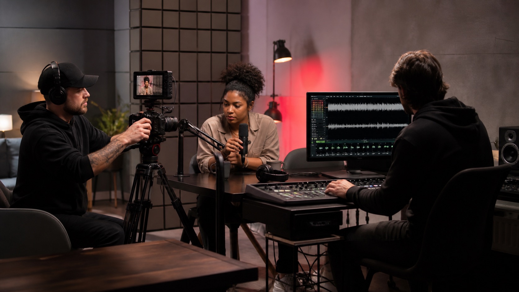 Podcast and video team preparing a multi-camera interview