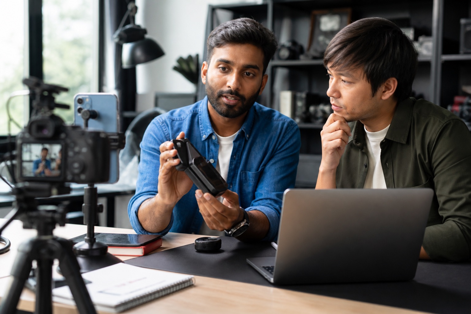 Technology educator recording a product demonstration with an engineer