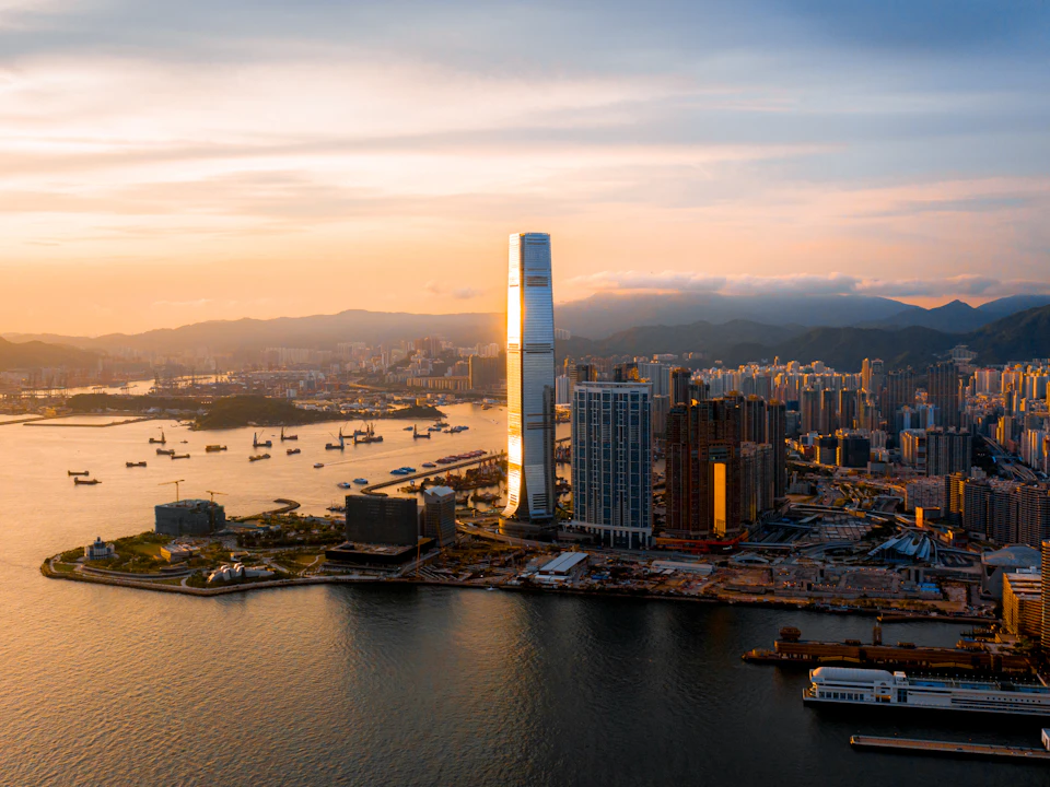Hong Kong harbour skyline at sunset