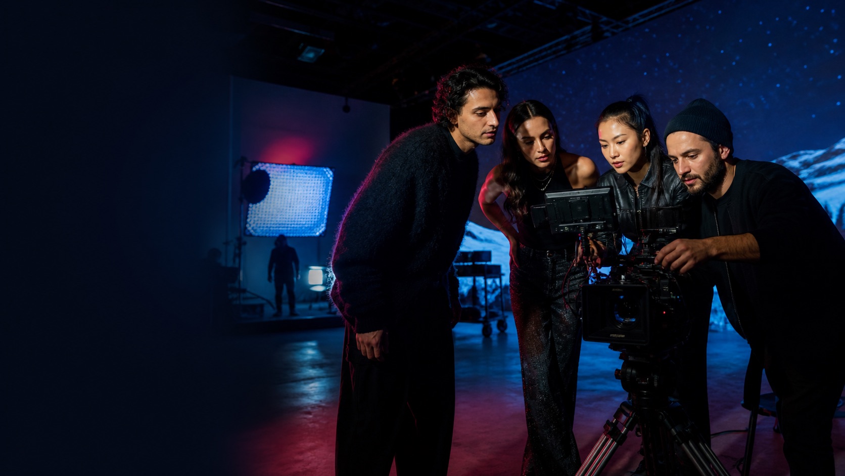 Creator and campaign team reviewing a camera monitor